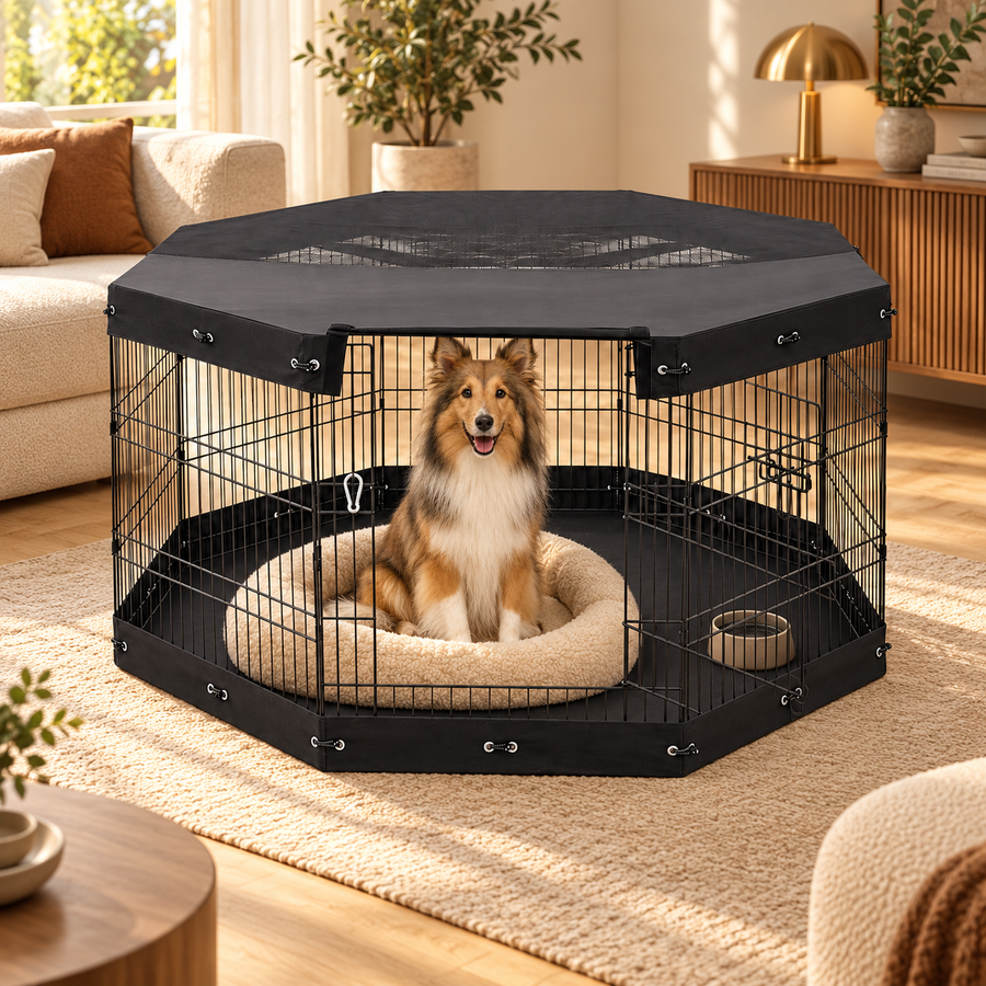 Sheltie-type dog sitting on a round cream bed inside a covered black metal dog playpen in a living room