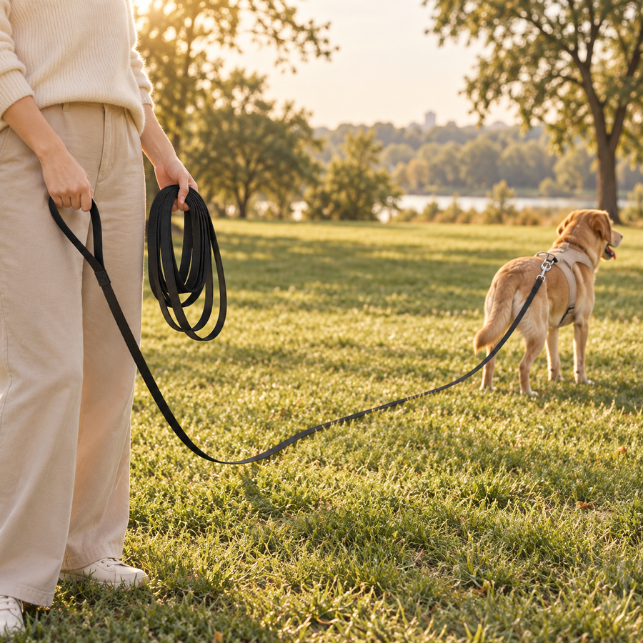 Handler holds a long black dog training leash across grass to a tan dog wearing a beige harness in a park