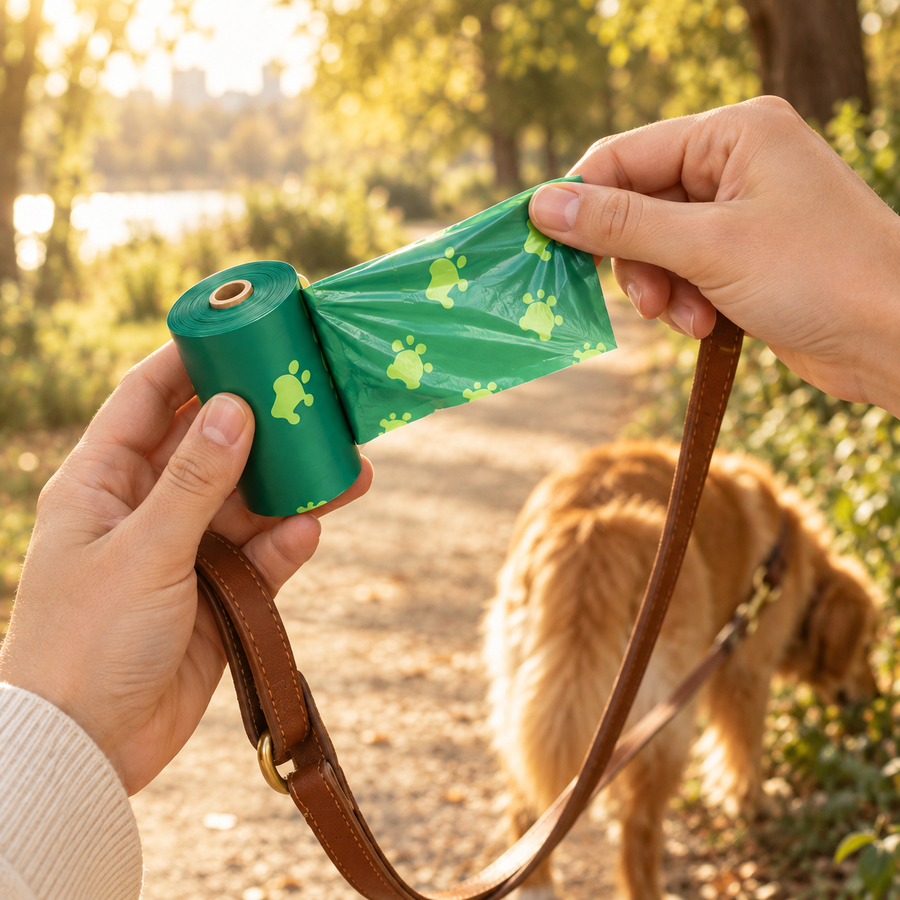 Hands unrolling a green paw-print dog waste bag roll while a golden dog stands on a sunny trail