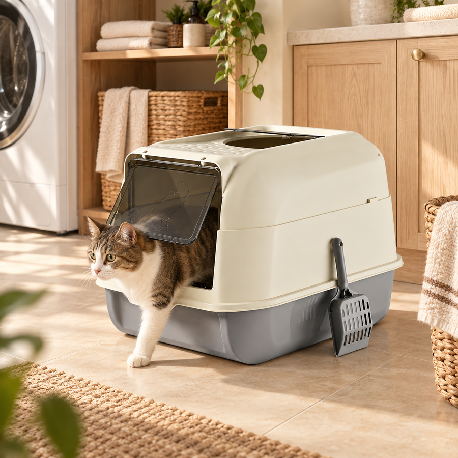 Tabby and white cat stepping out through the flap door of a hooded cat litter box in a laundry nook