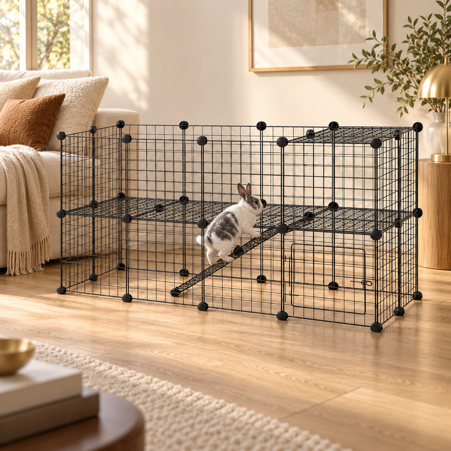 Gray-and-white rabbit hopping up the wire ramp of a two-level black grid playpen in a warm living room