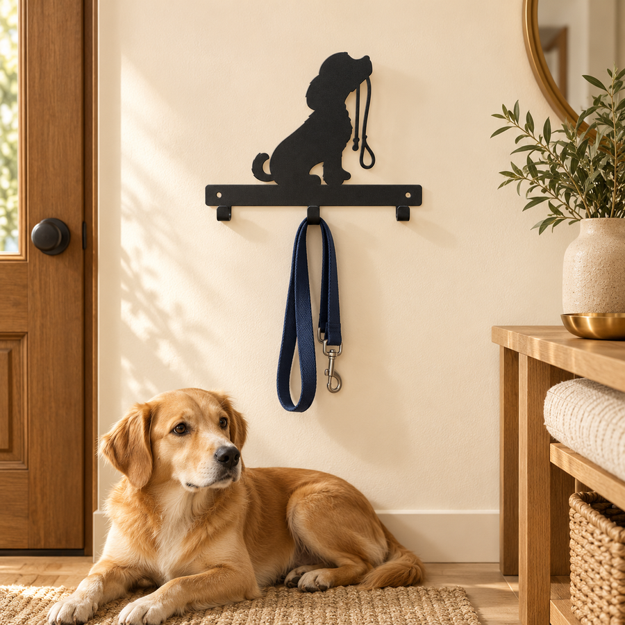 Tan dog resting below a black three-hook dog leash rack with a navy lead hanging beside the door