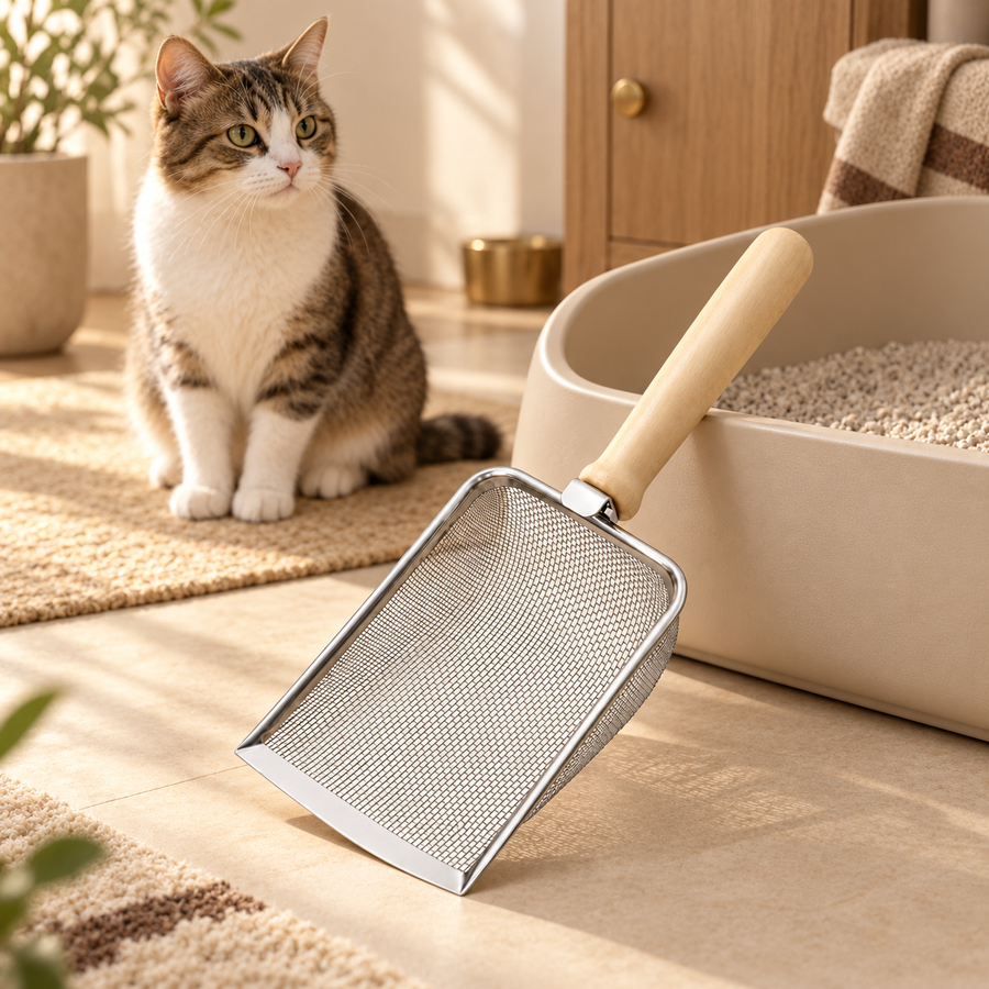 Wood-handled fine mesh scoop beside a cream litter tray, with a tabby and white cat sitting nearby