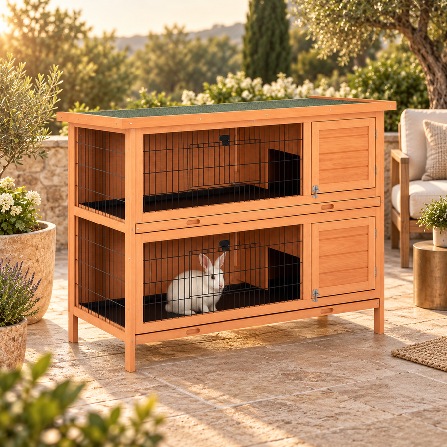 White rabbit on the lower level of a two-story natural wood rabbit hutch standing on a sunny stone terrace