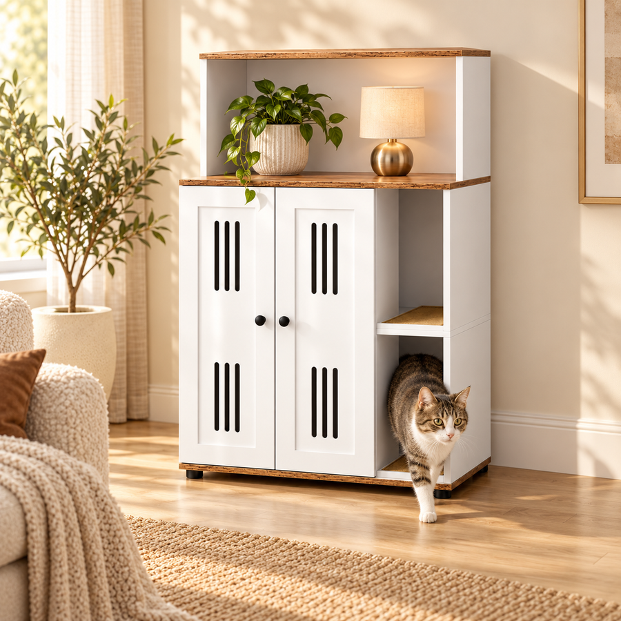 Tabby and white cat walking out of the side opening of a white litter box cabinet with a plant on its shelf