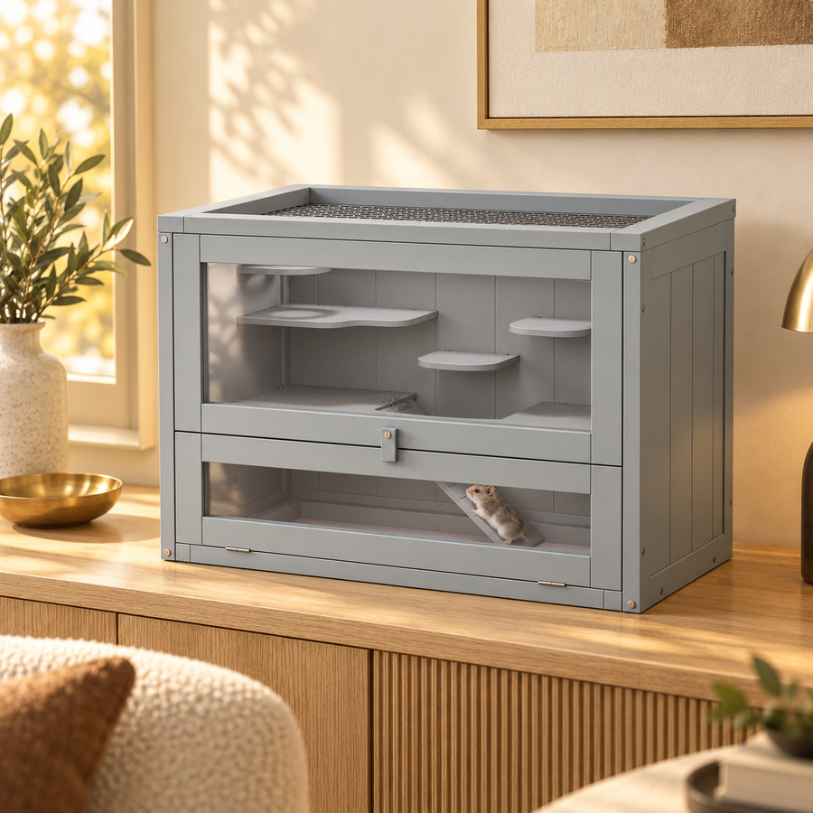 Small hamster climbing the ladder inside a gray two-level wooden hamster cage on an oak sideboard by a window