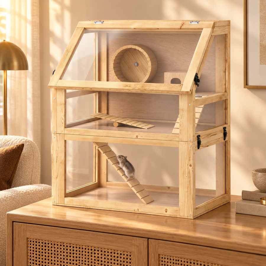 Small hamster climbing the ladder ramp inside a wooden hamster cage with clear panels on a rattan sideboard