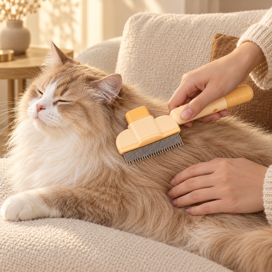 An adult uses the apricot metal-tooth comb on a long-haired cat resting on a cream sofa.