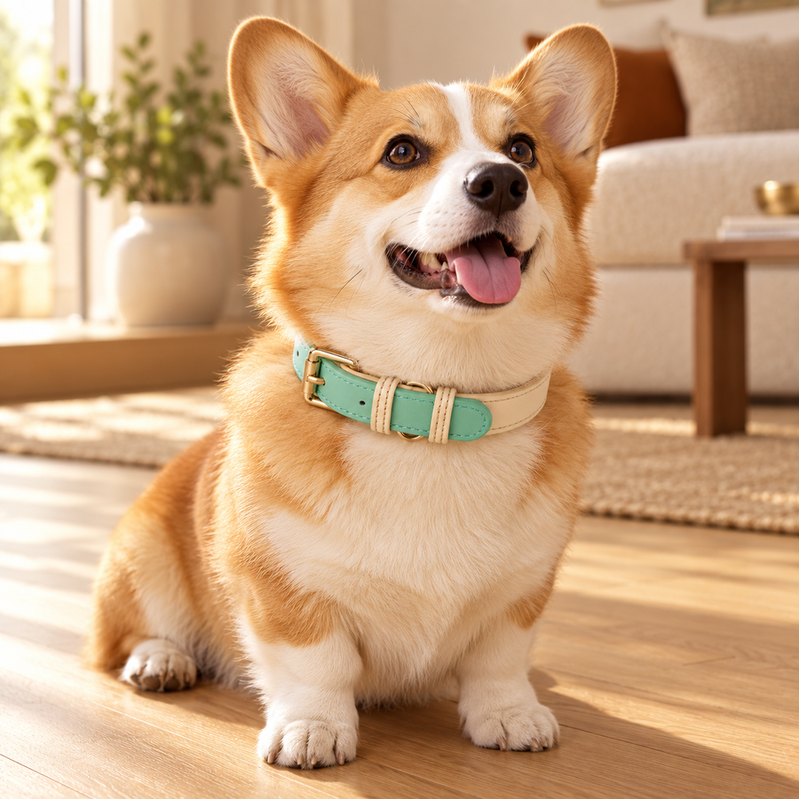 Smiling corgi sitting on a wood floor wearing a mint and cream leather dog collar