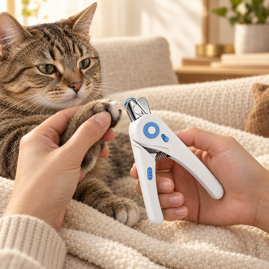 Hands trimming a tabby cat's front claw with white nail clippers on a cream blanket on the sofa