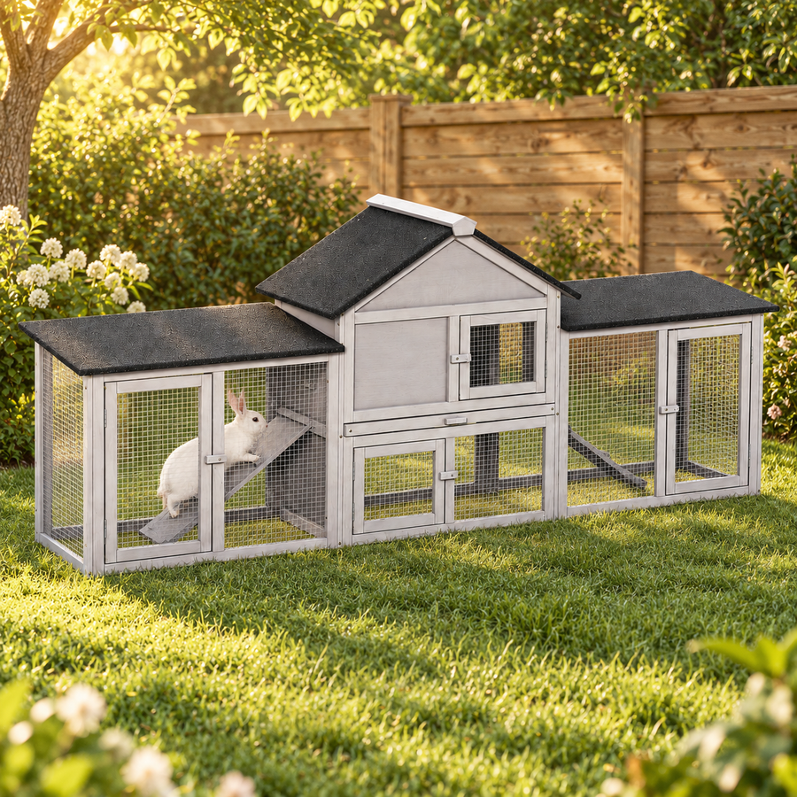 White rabbit hopping up the ramp in the left run of a long gray wooden rabbit hutch in a fenced garden