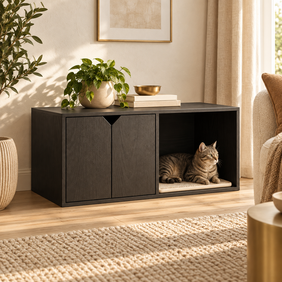 Tabby cat resting in the open bay of a black cat litter box enclosure topped with a plant and books