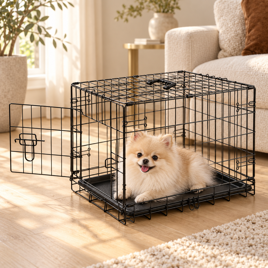 Fluffy cream Pomeranian lying on the tray inside a small black wire dog crate with its door open