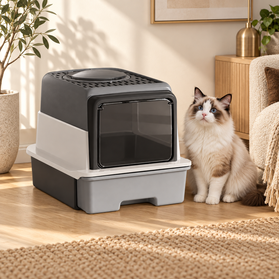 Ragdoll cat sitting next to a gray enclosed cat litter box with a slotted top and clear front door