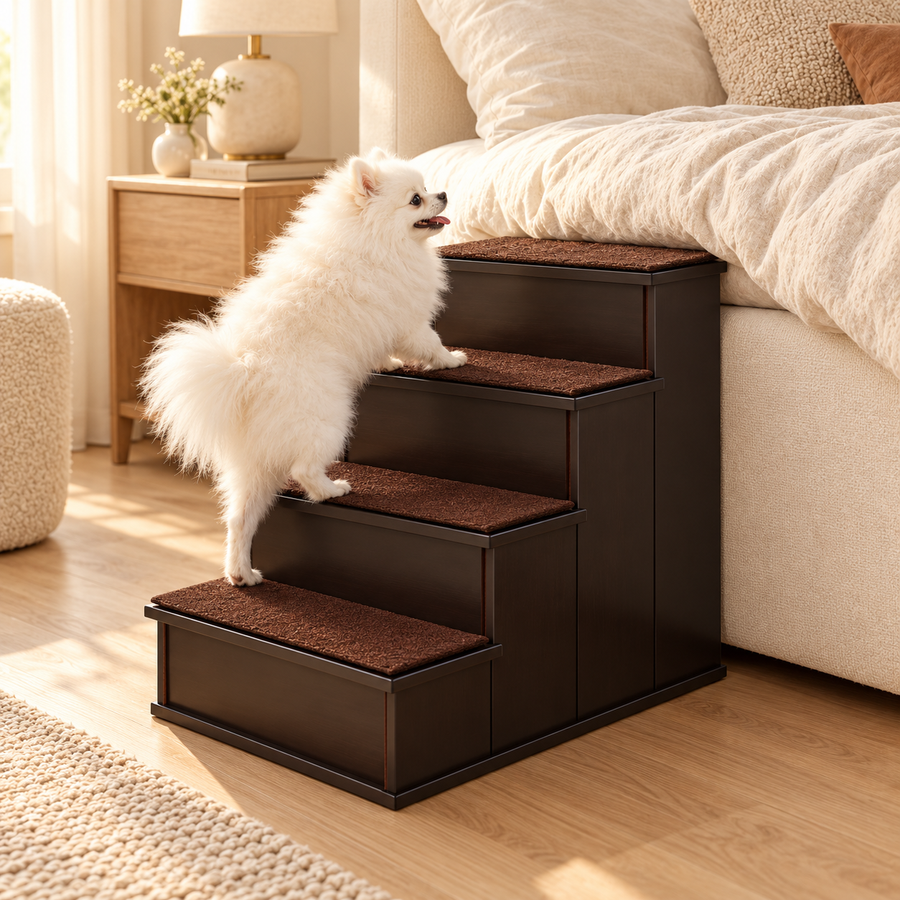 Small white fluffy dog climbing the dark brown four-step dog stairs beside a bed