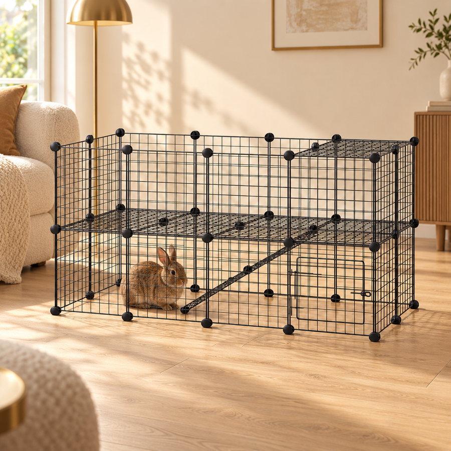 Brown rabbit sitting on the ground floor of a two-level black wire small animal playpen on a light oak floor