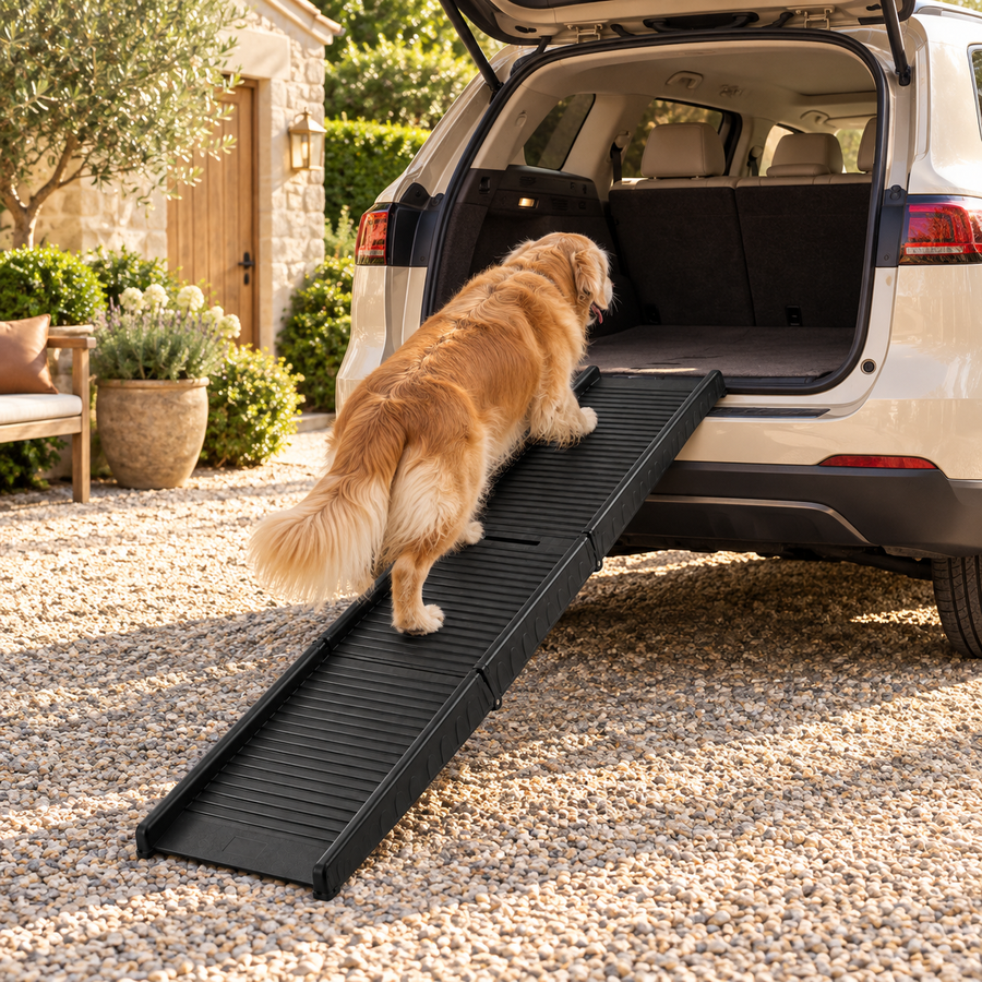 Golden retriever walking up a black ridged dog ramp into the cargo area of a white SUV