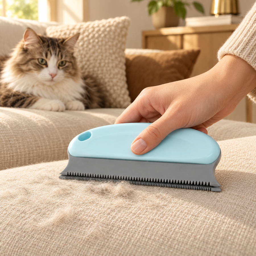 Hand guiding a pale blue fur remover across a cream sofa cushion while a relaxed cat sits nearby