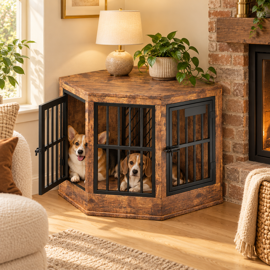 Corgi and beagle resting inside a rustic brown corner dog crate topped with a lamp and plant by a fireplace