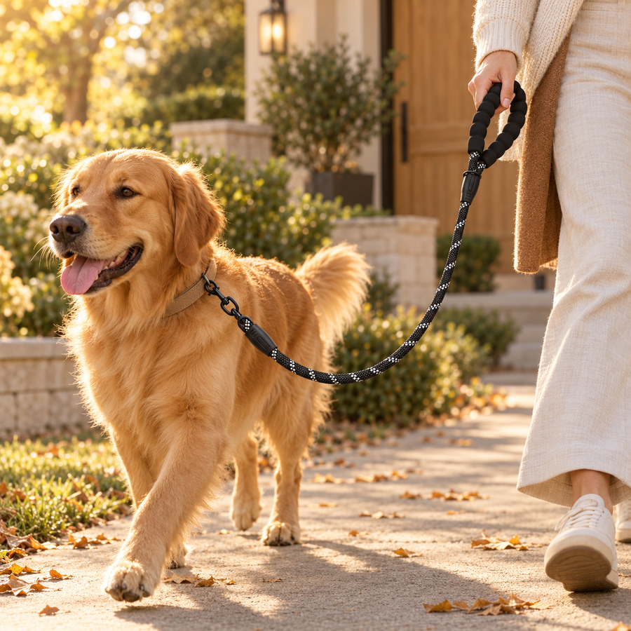 Golden retriever walking on a black reflective rope leash held by a person in white pants on a garden path