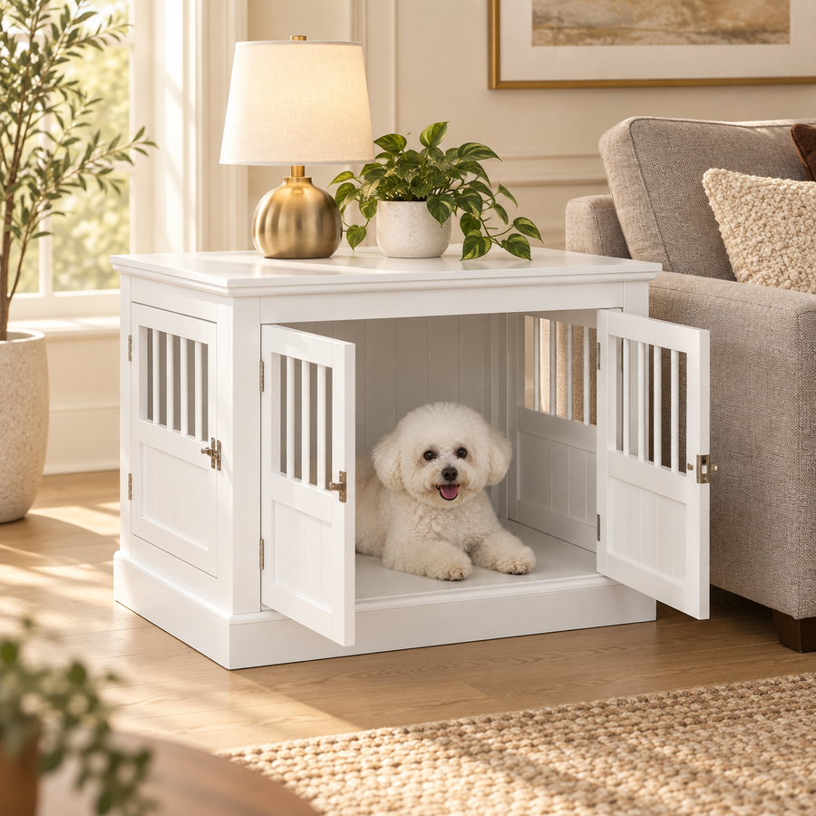 Small white fluffy dog lying inside a white dog crate end table with its double doors open, lamp on top