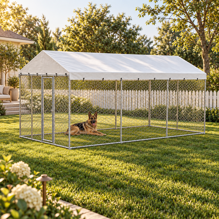 German shepherd resting inside a large chain-link outdoor dog kennel with a white canopy on a green lawn