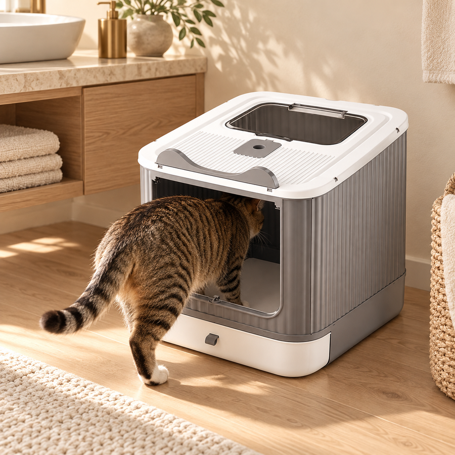Tabby cat walking into the open front of a gray and white covered cat litter box in a bathroom corner
