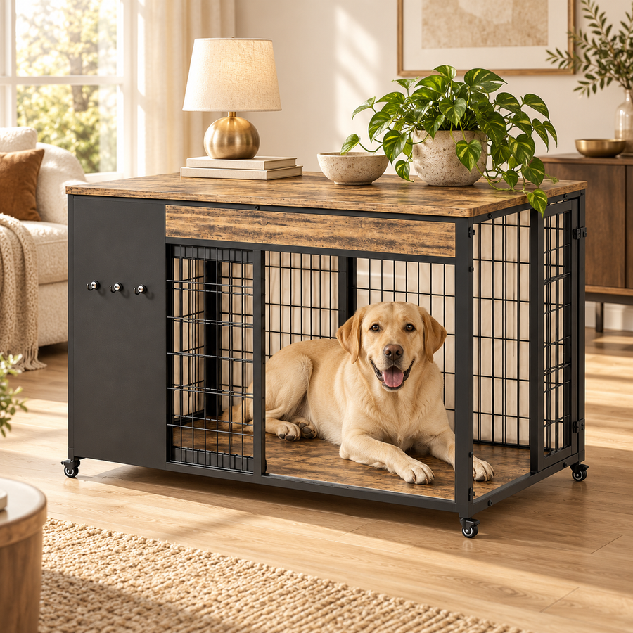 Golden dog lying inside a wooden dog crate end table with a lamp and plant on top, in a living room