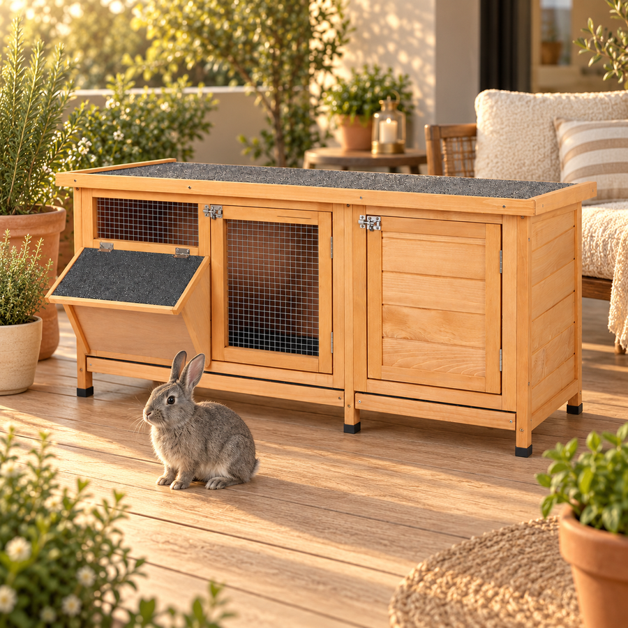 Gray rabbit sitting on a sunny wooden deck in front of a honey-colored two-room wooden rabbit hutch