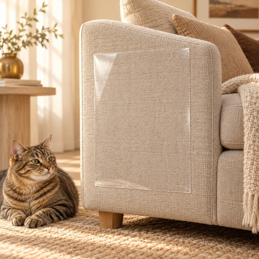 Clear furniture protection sheet on a beige sofa arm, with a tabby cat resting beside the sofa