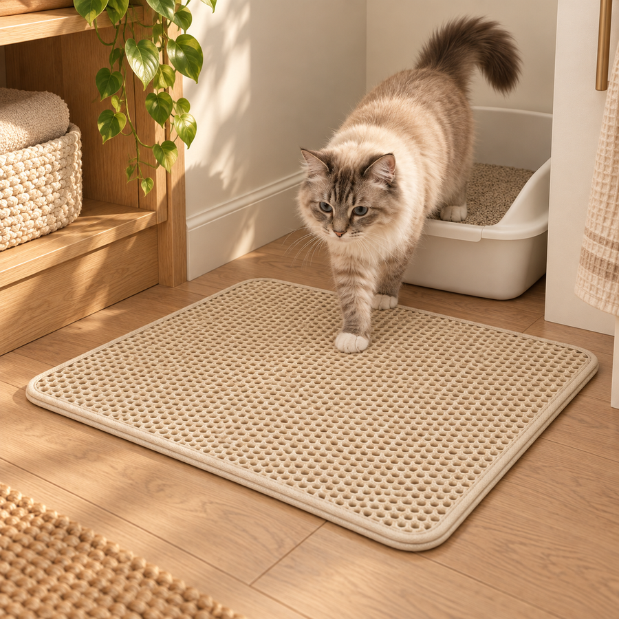Fluffy cat stepping out of an open litter box onto a beige honeycomb litter mat on a wooden floor
