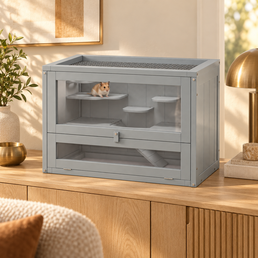 Golden hamster sitting on an upper platform of a gray wooden hamster cage on a sideboard beside a brass lamp