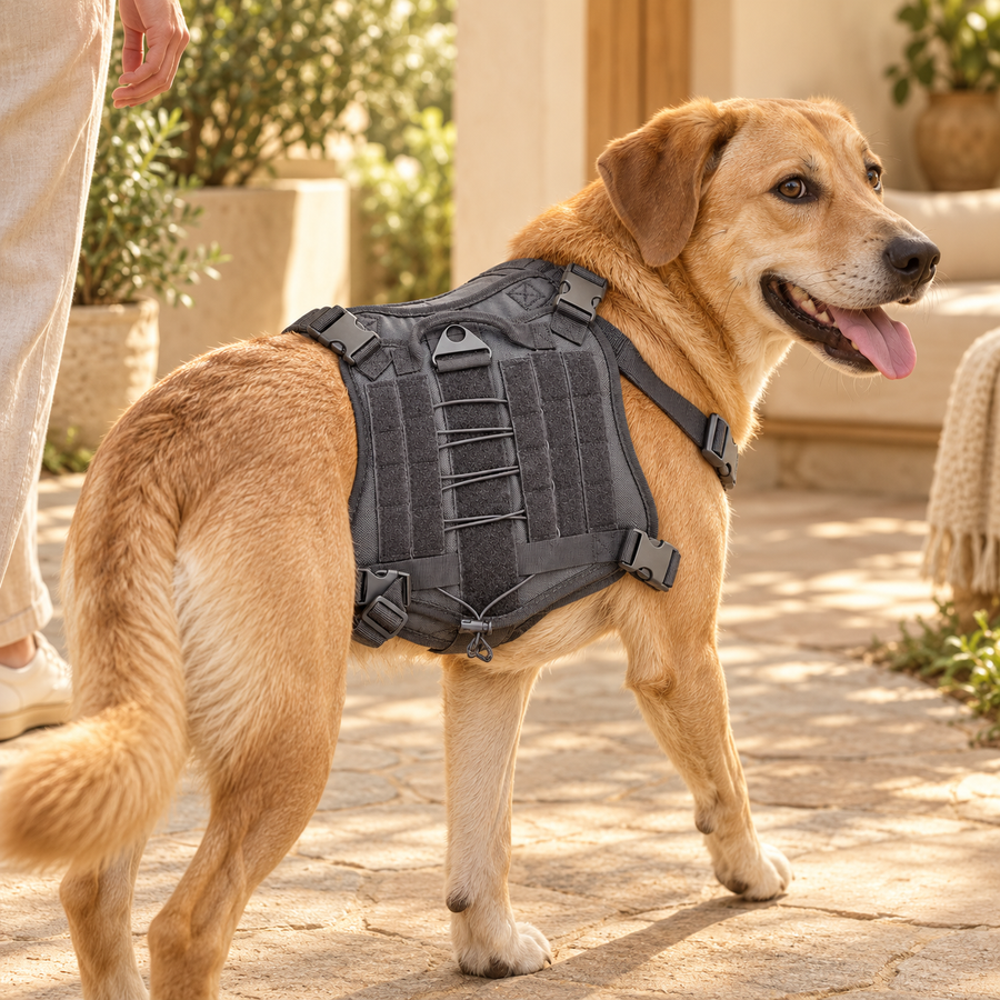 Tan dog wearing a gray cord-laced harness beside a person on a sunlit garden path