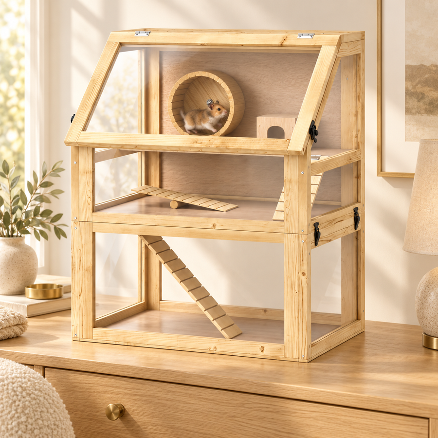 Hamster sitting inside the wooden wheel on the top level of a three-tier hamster cage near a window