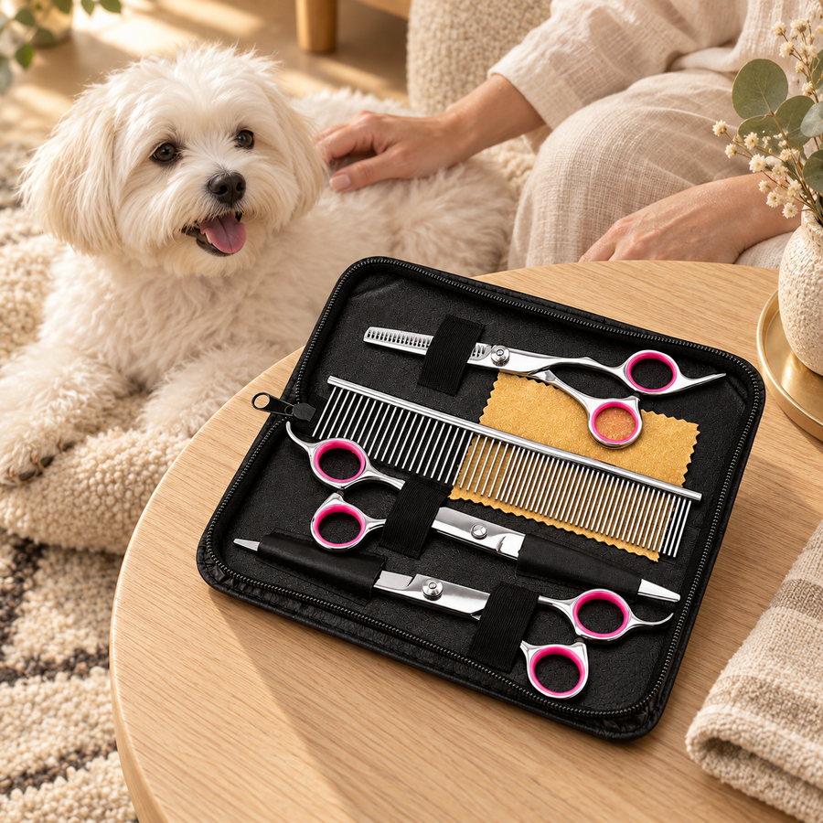 Small white dog rests beside an open black case containing three silver grooming shears, a comb and cloth