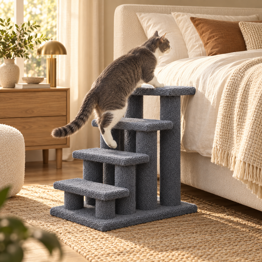 Gray tabby cat climbing the gray fleece cat stairs next to a bed in a warm bedroom