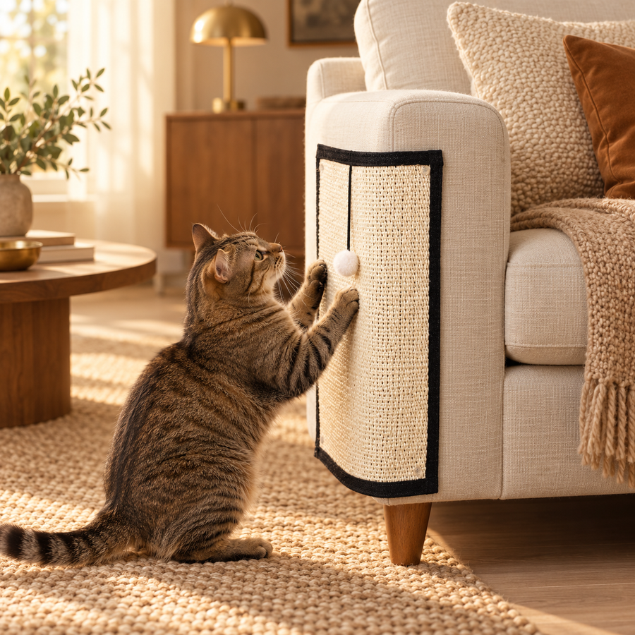 Tabby cat stretching up to scratch a sisal pad attached to the side of a cream linen sofa arm