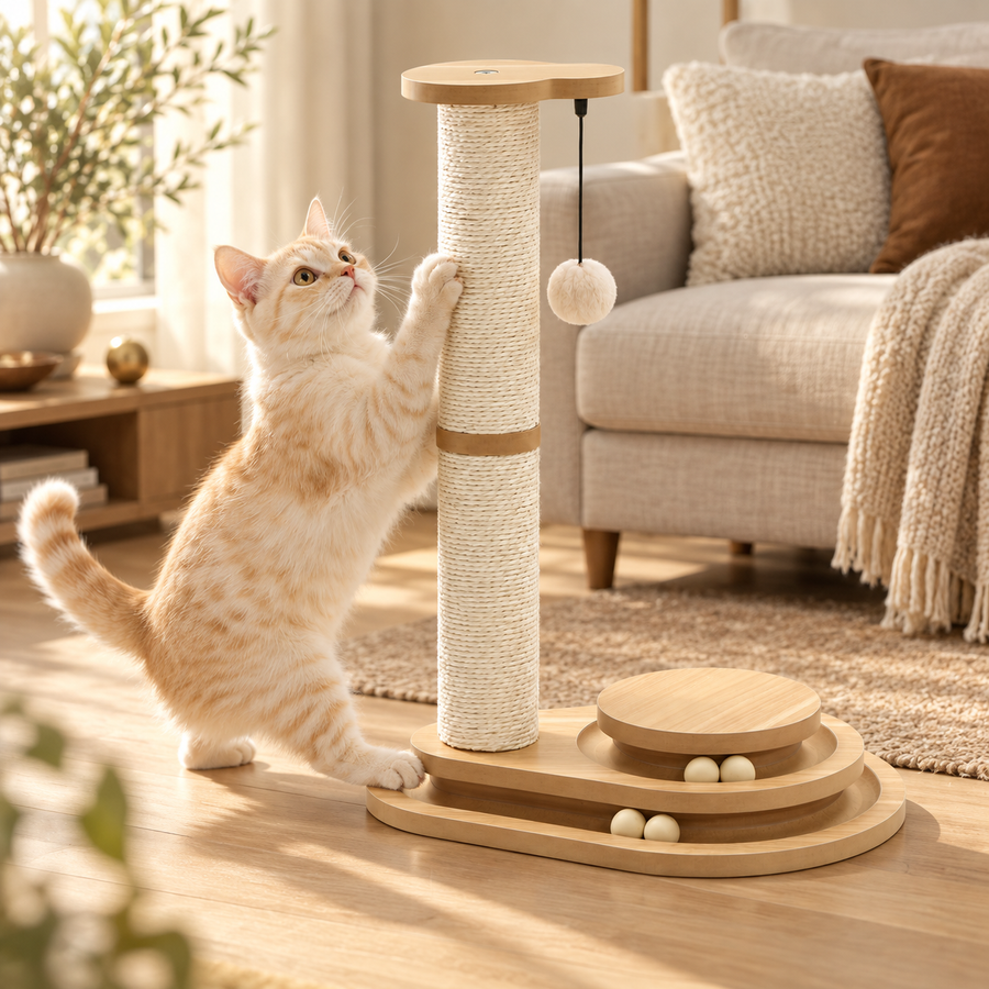 Cream tabby kitten stretching up to scratch a tall sisal cat scratching post in a sunny living room