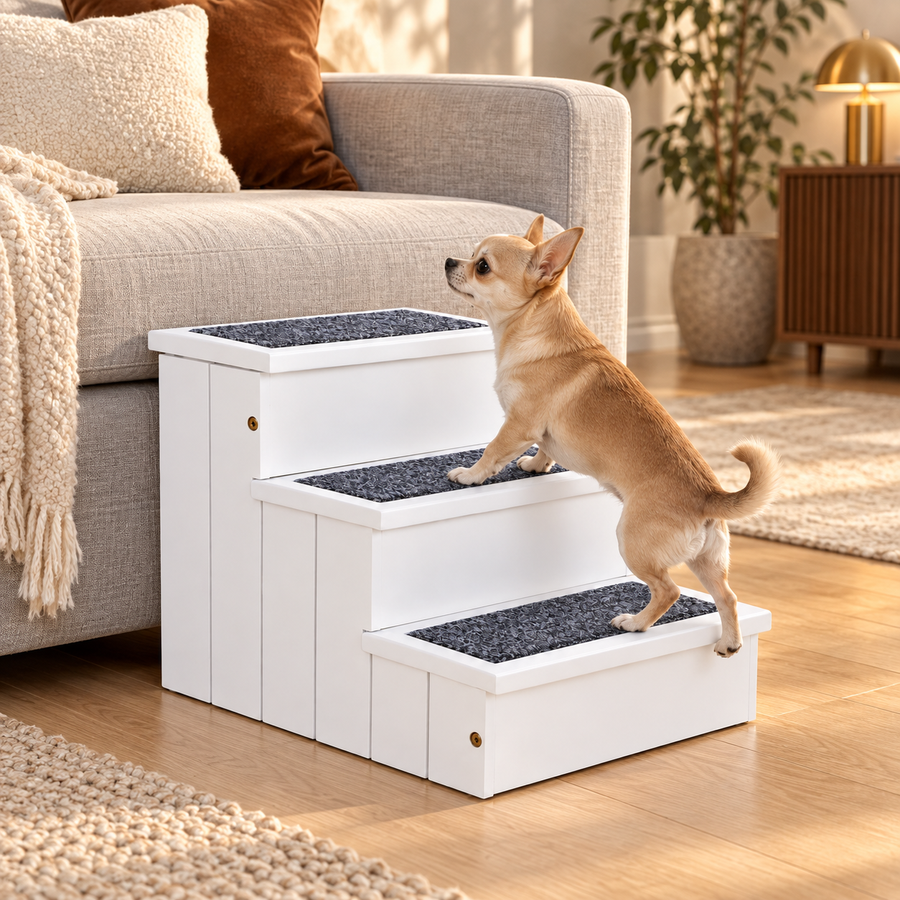 Small tan dog climbing white wooden pet stairs with carpeted steps beside a gray sofa