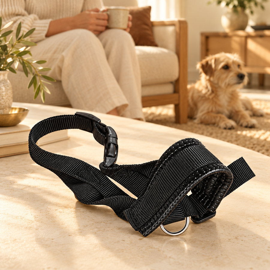 Black nylon muzzle with padded nose loop and neck buckle on a cream table, with a relaxed dog in the background