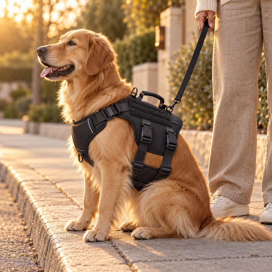 Golden retriever wearing a black two-handle harness, sitting at a sunny curb beside its owner
