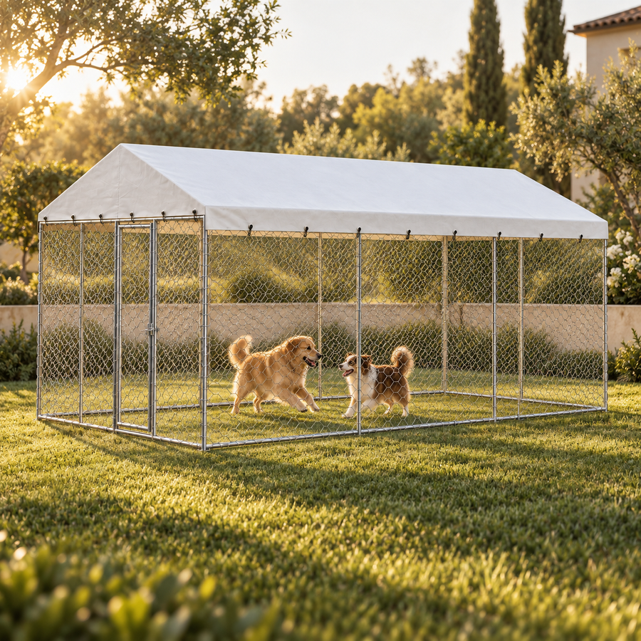 Two dogs playing on the grass inside a large outdoor dog kennel with a white peaked roof at sunset