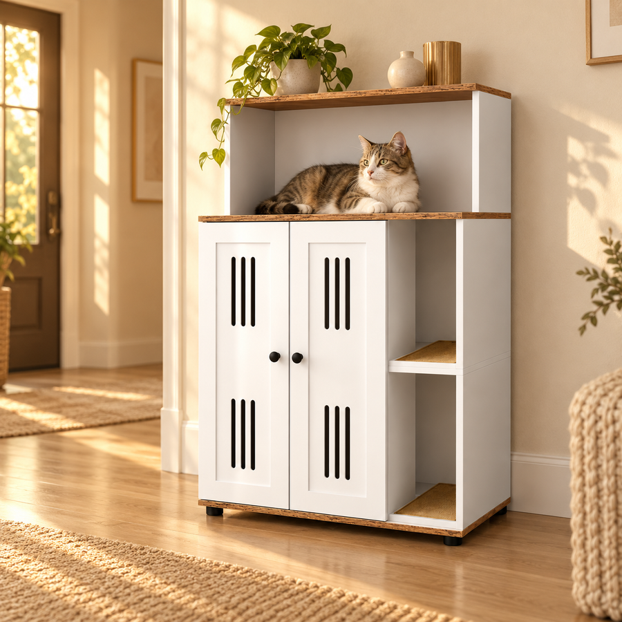 Tabby cat lying on the open top shelf of a white and walnut litter box cabinet in a sunny hallway