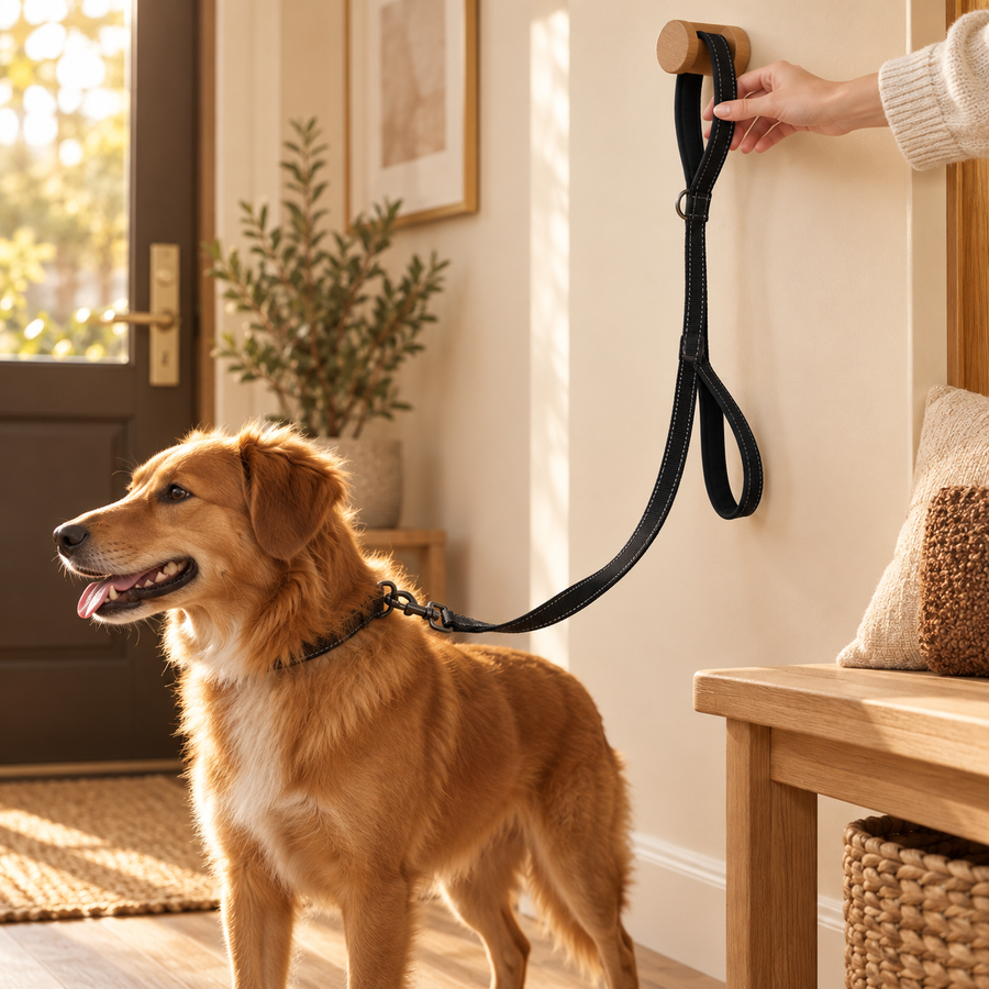 Hand hanging a black double handle dog leash on a wooden wall peg while a dog waits in the hallway
