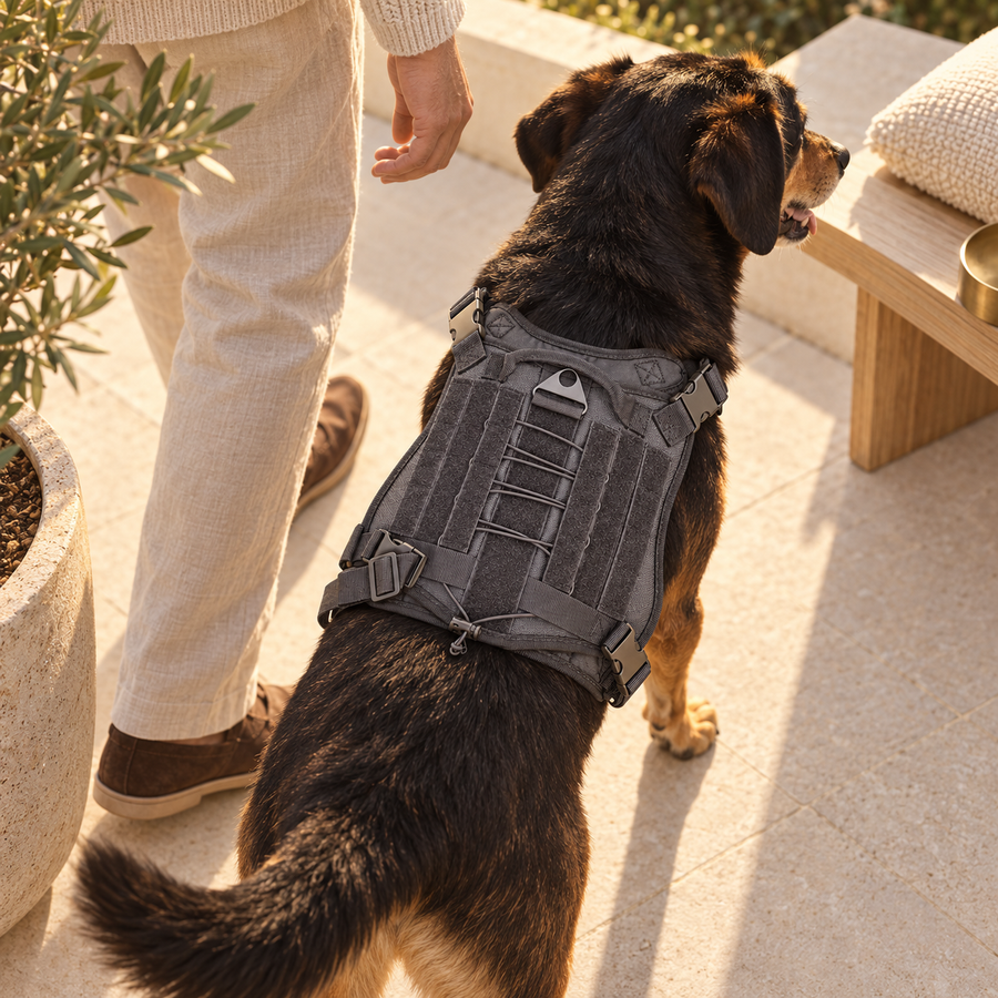 Black-and-tan dog wearing a gray back-panel harness beside a person on a bright terrace