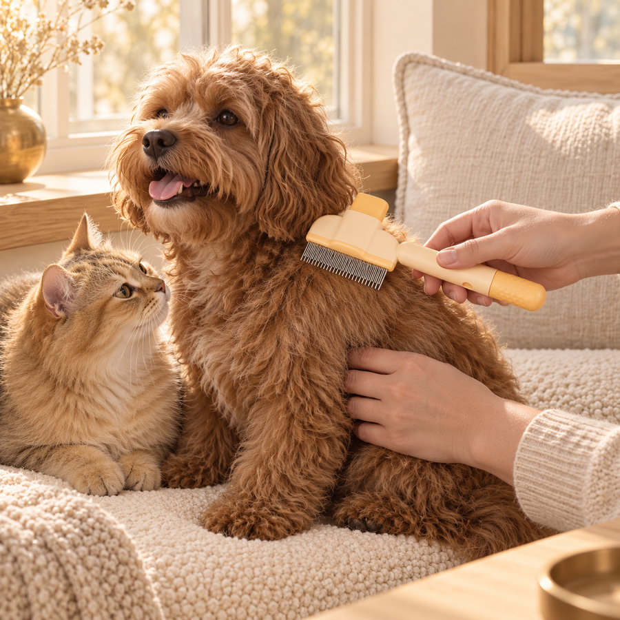 Apricot grooming comb held against a small brown dog while a long-haired cat sits beside it.