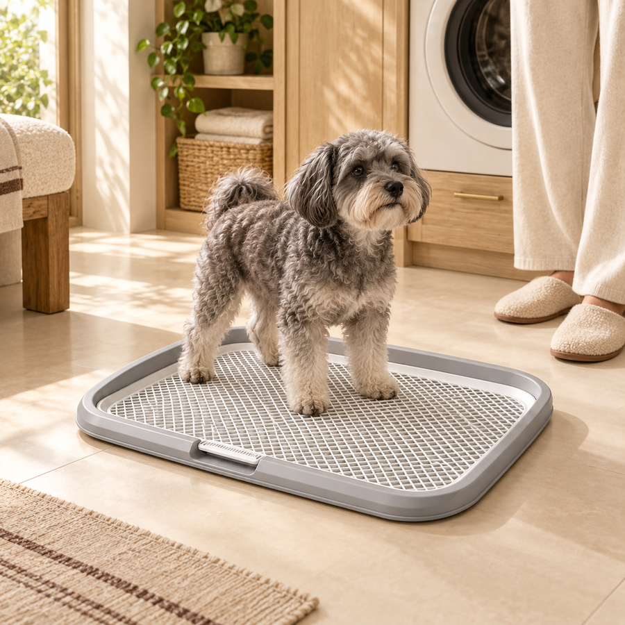 Small gray dog standing on a gray potty tray with a person nearby in a bright room
