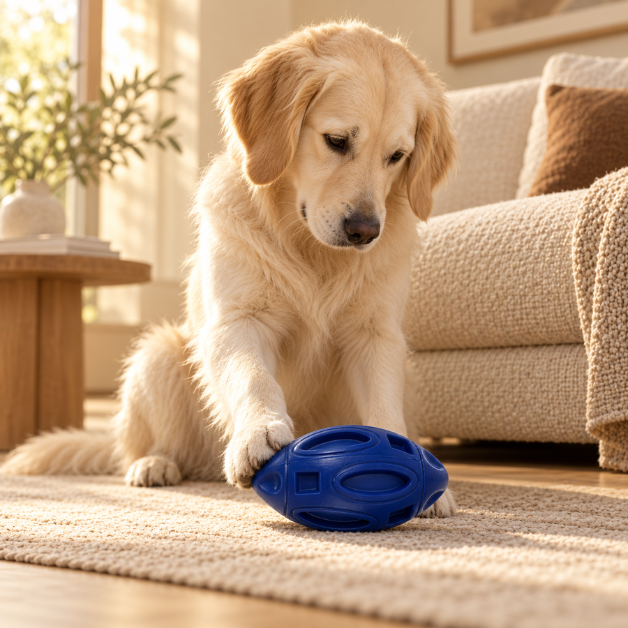 Cream dog beside a sofa looking down at a navy football-shaped rubber toy on a woven rug