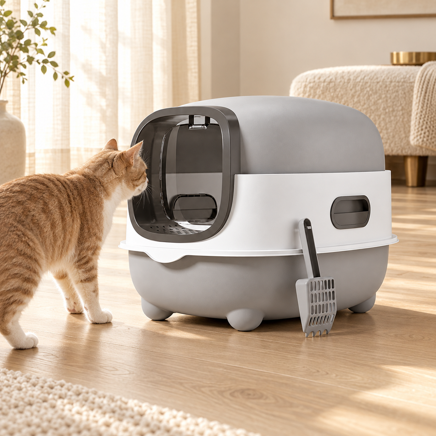 An orange cat approaches the front flap of a gray and white oval litter box on a pale wooden floor.