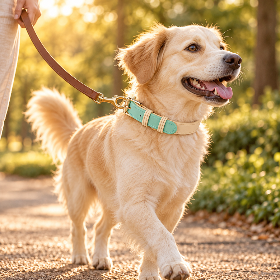 Golden dog trotting outdoors on a leash wearing a mint and cream leather collar